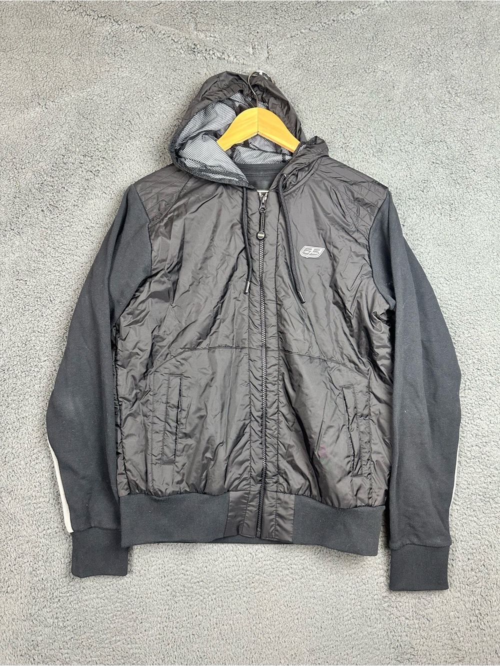 55DSL Diesel Mens Hybrid Quilted Jacket Black Full Zip Hooded Sweatshirt Large